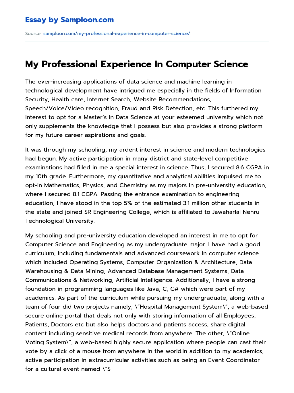 My Professional Experience In Computer Science essay