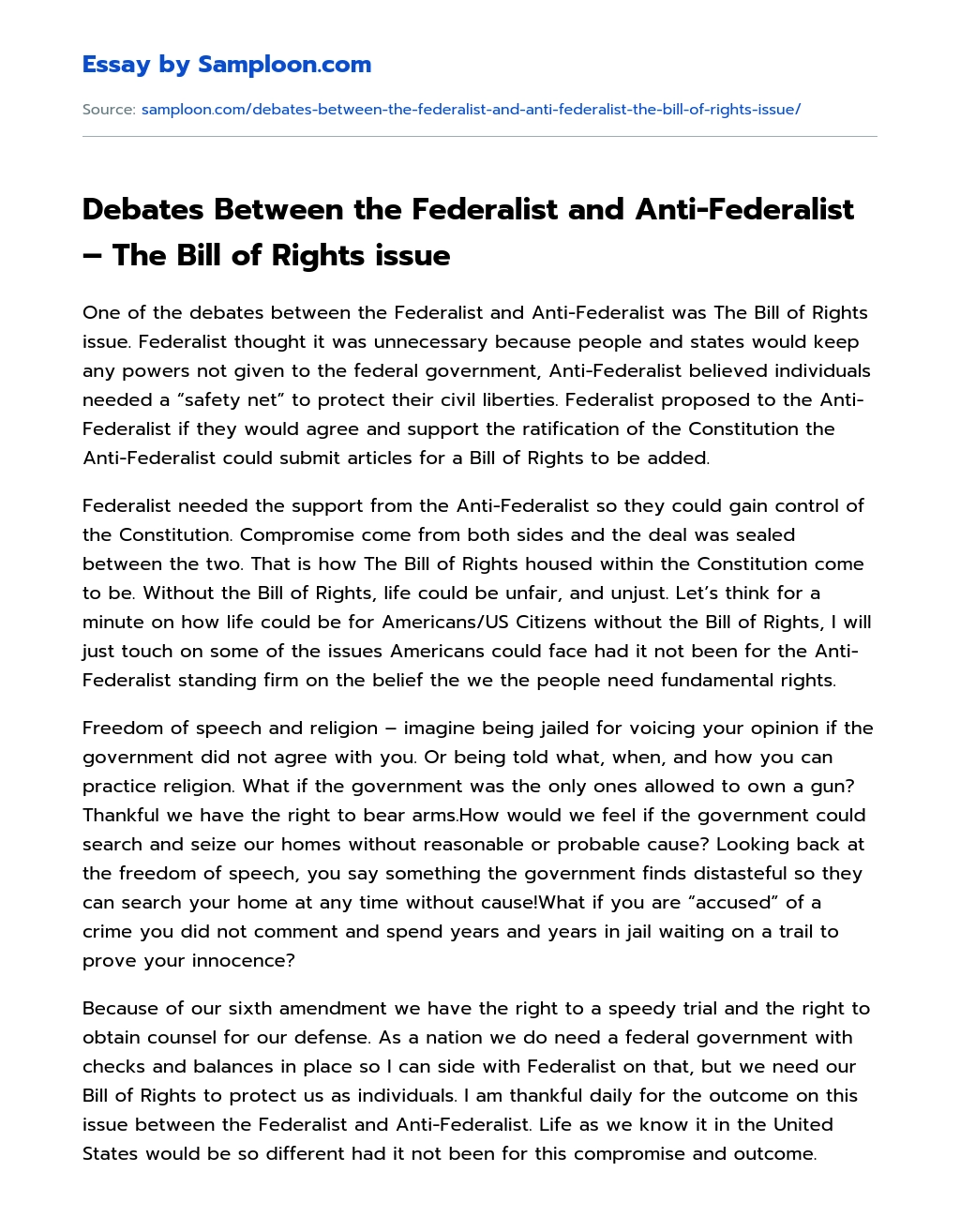 Debates Between the Federalist and Anti-Federalist – The Bill of Rights issue essay