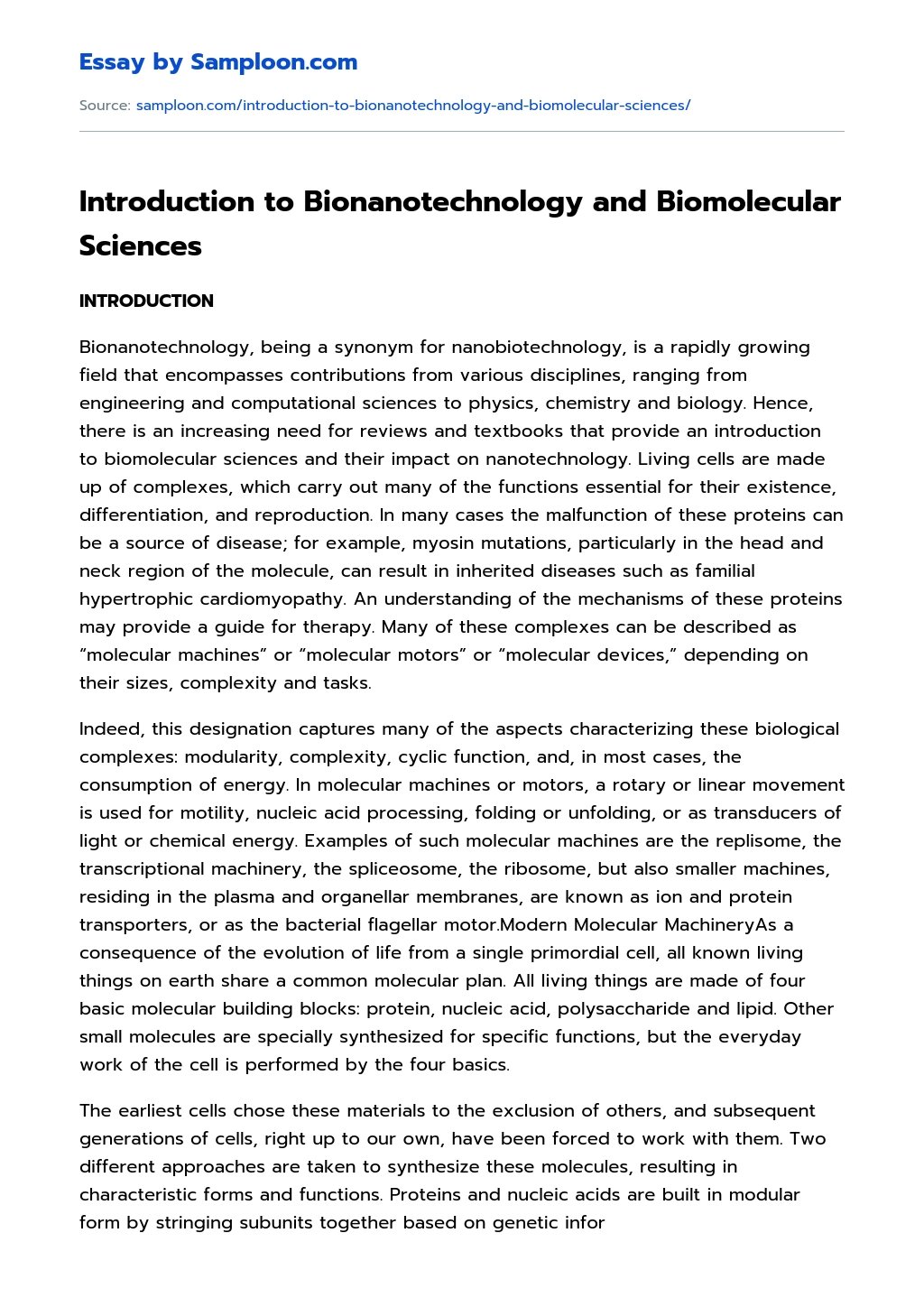 Introduction to Bionanotechnology and Biomolecular Sciences essay