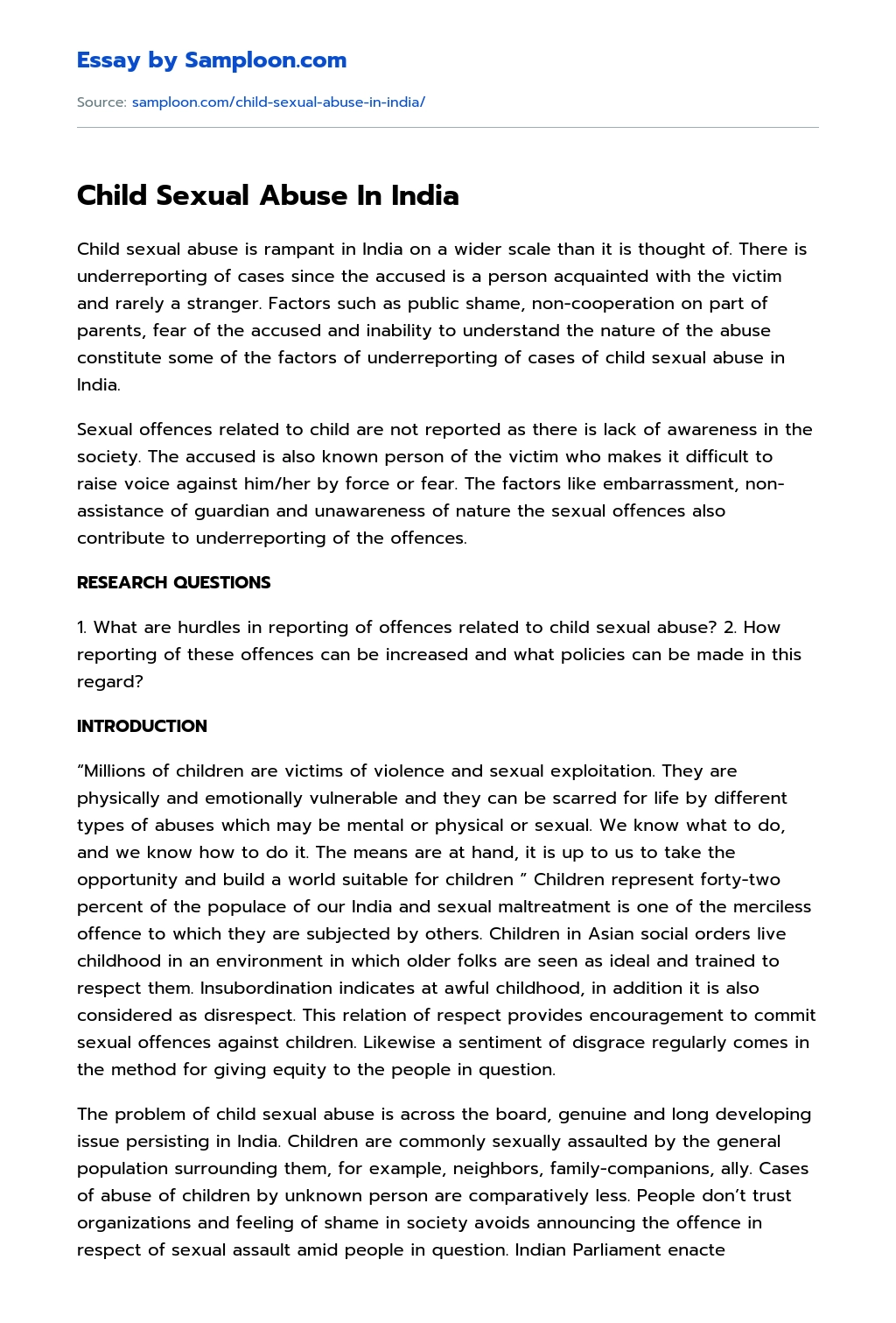 Child Sexual Abuse In India essay