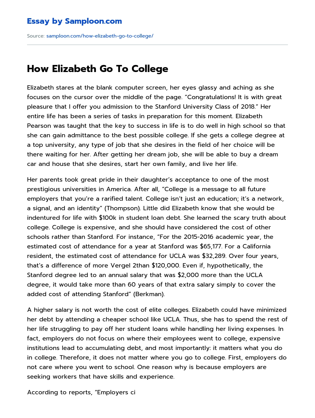 How Elizabeth Go To College essay