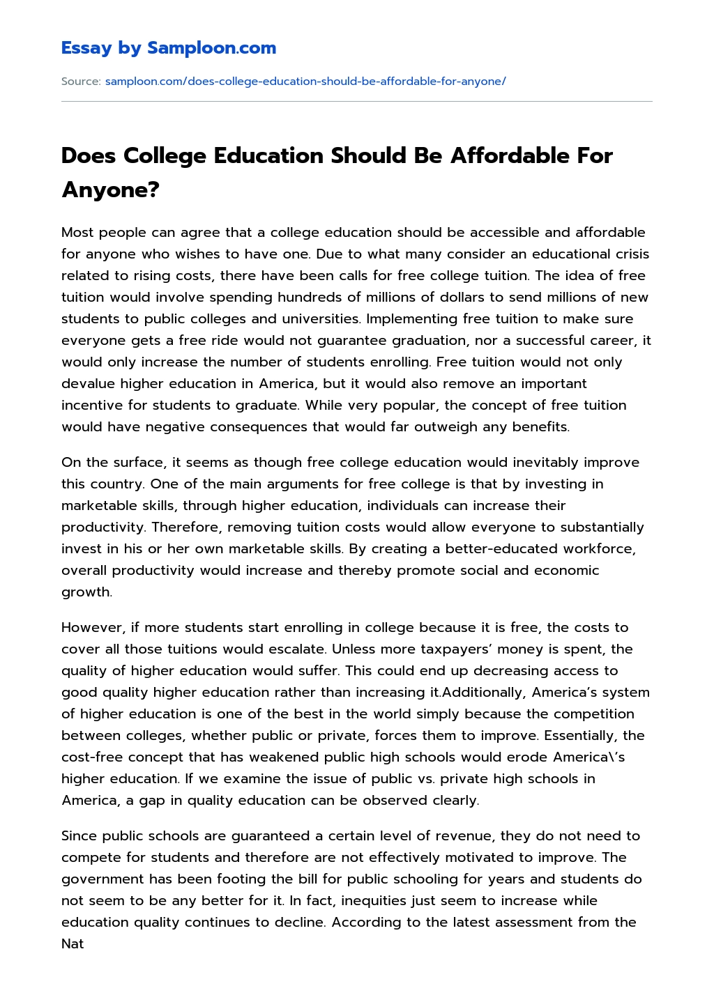 Does College Education Should Be Affordable For Anyone? essay