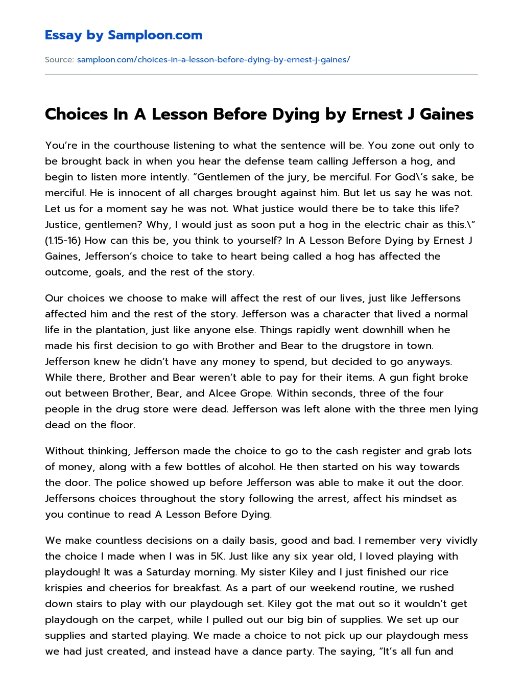 Choices In A Lesson Before Dying by Ernest J Gaines essay