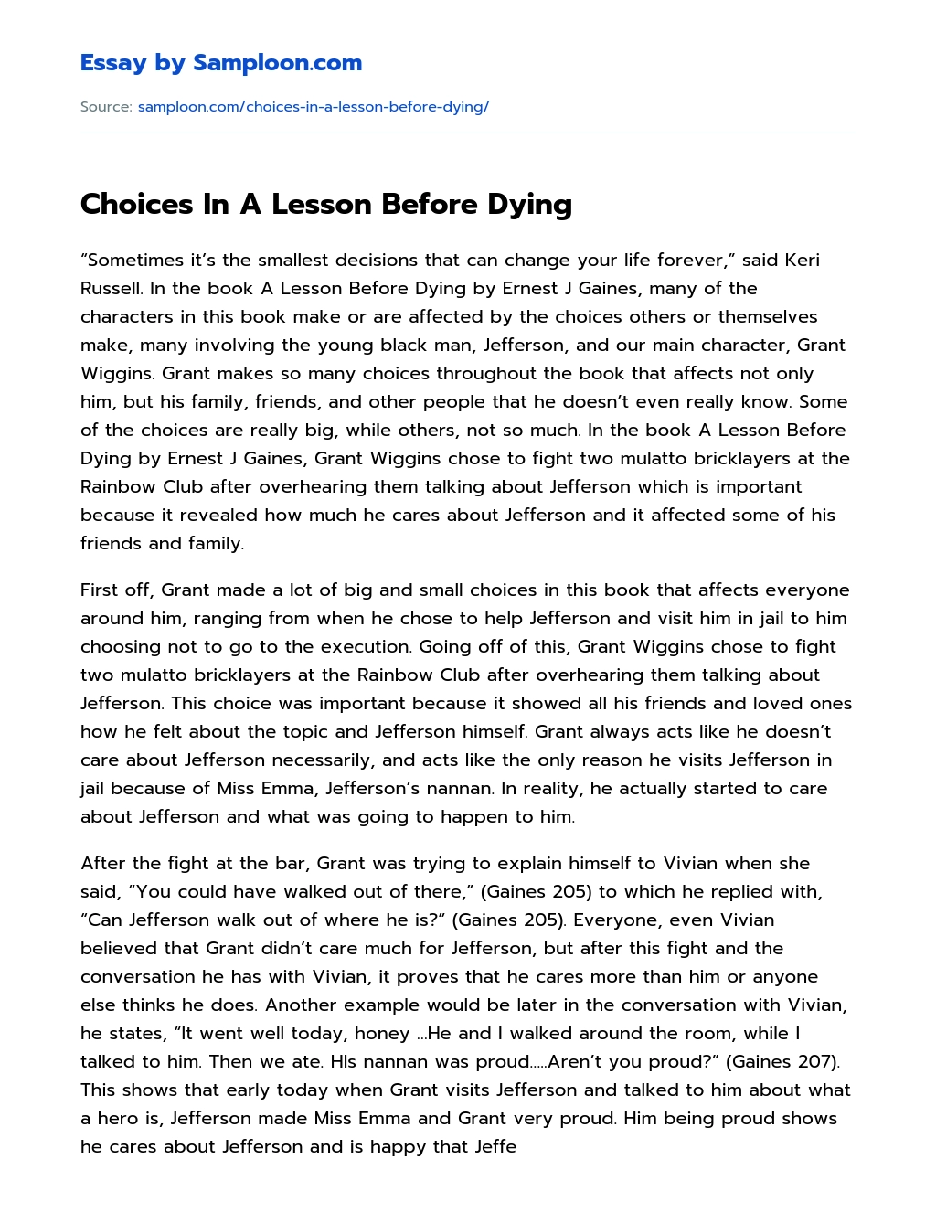 Choices In A Lesson Before Dying essay