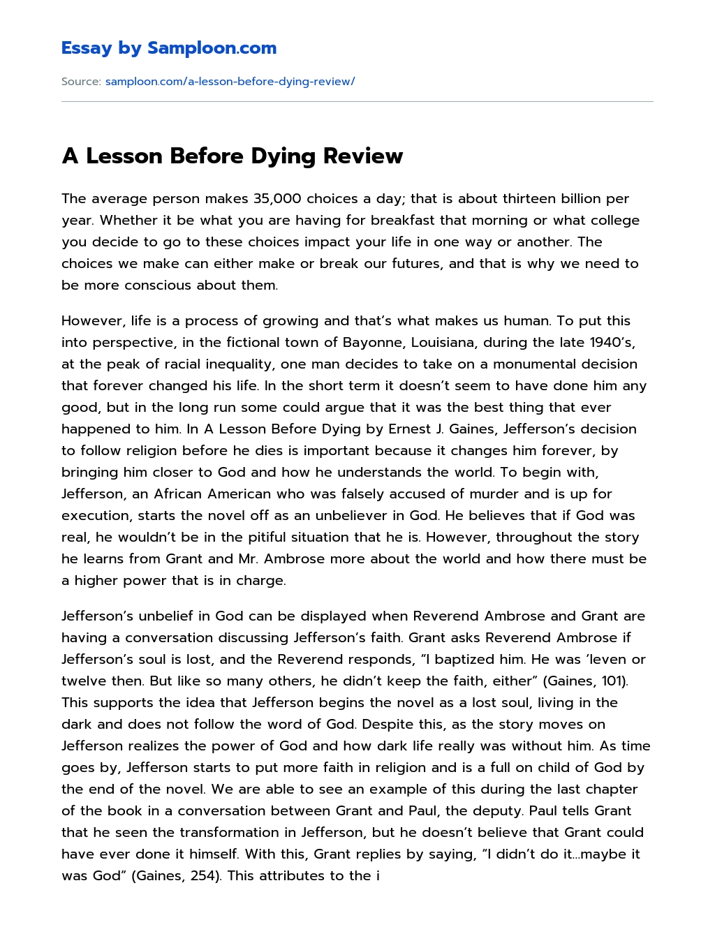 a lesson before dying literary analysis essay