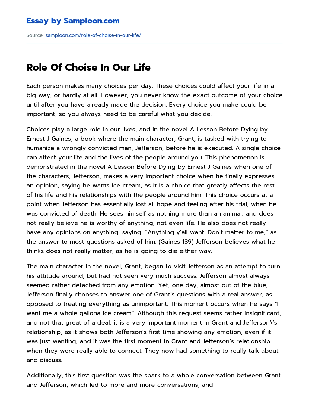 Role Of Choise In Our Life essay