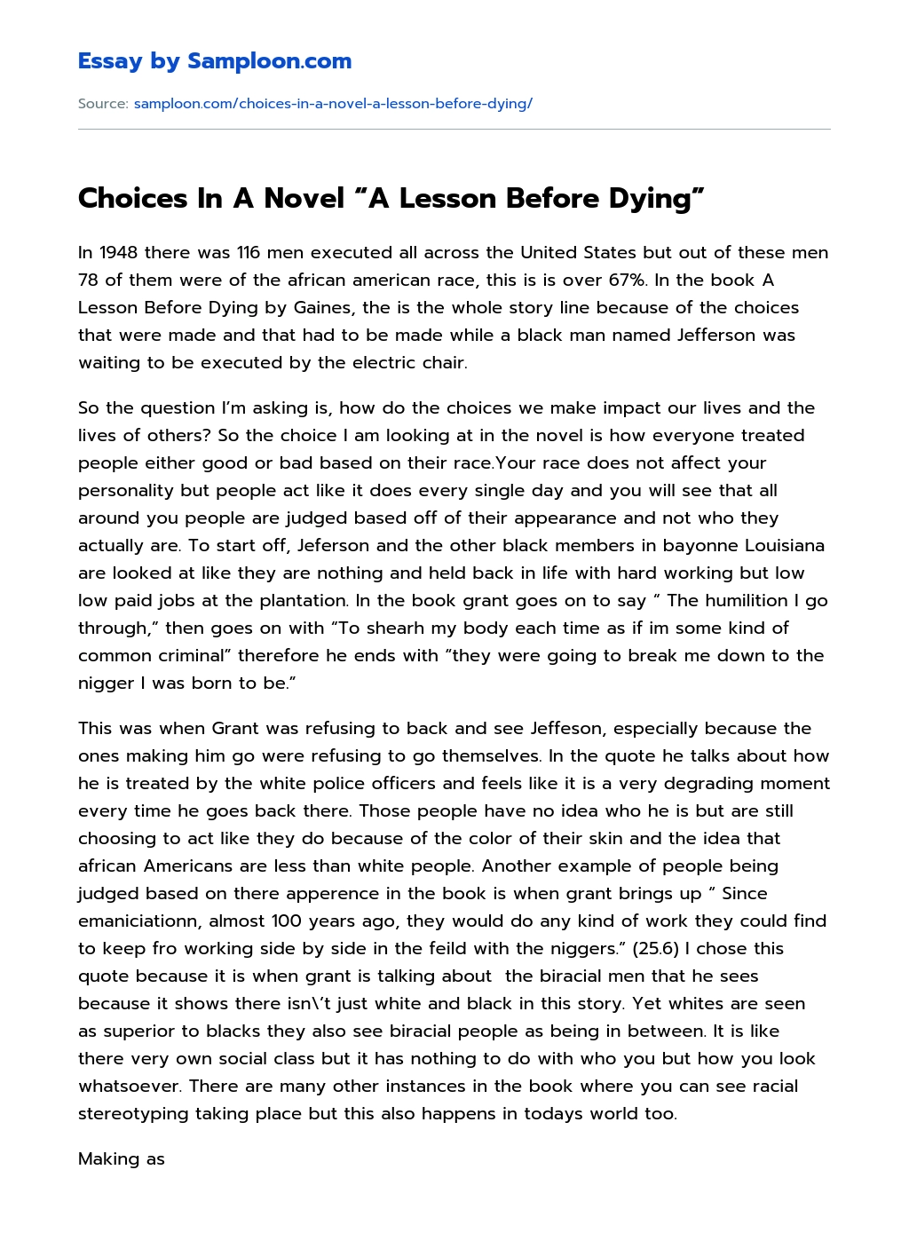 Choices In A Novel “A Lesson Before Dying” essay