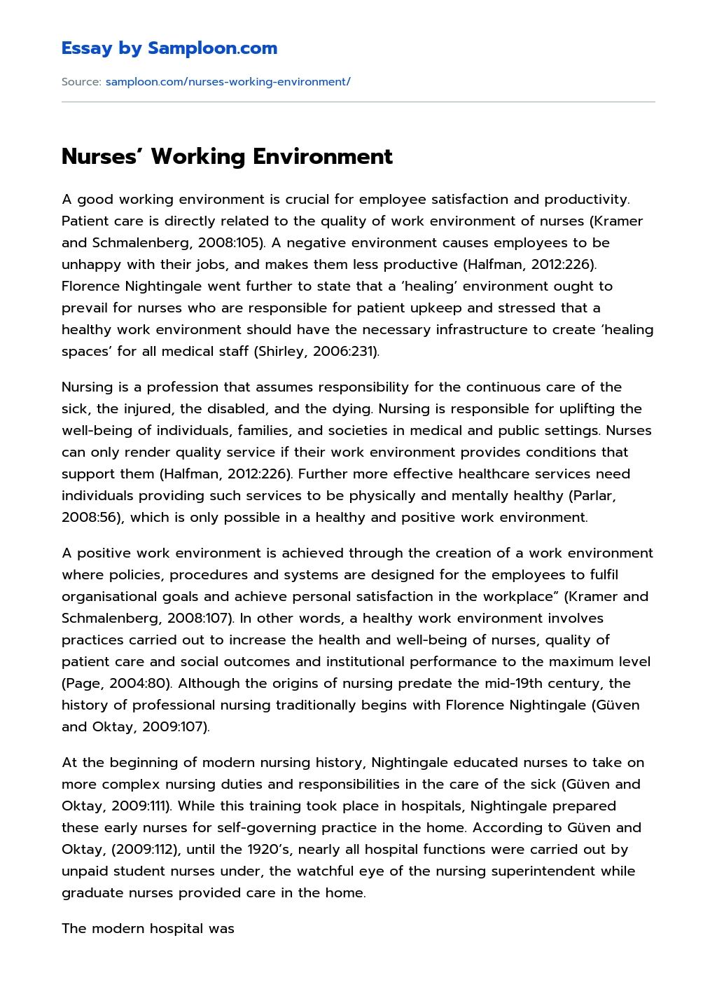 Nurses’ Working Environment essay