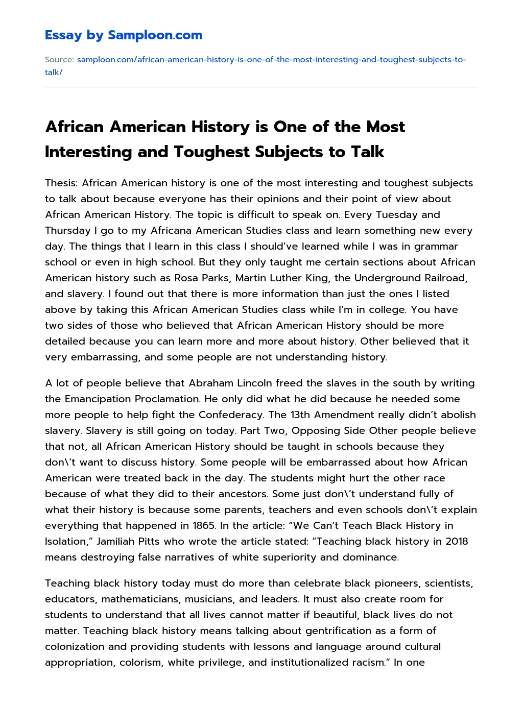 African American History is One of the Most Interesting and Toughest Subjects to Talk essay