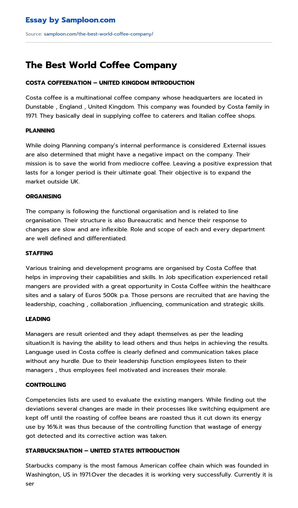 The Best World Coffee Company essay