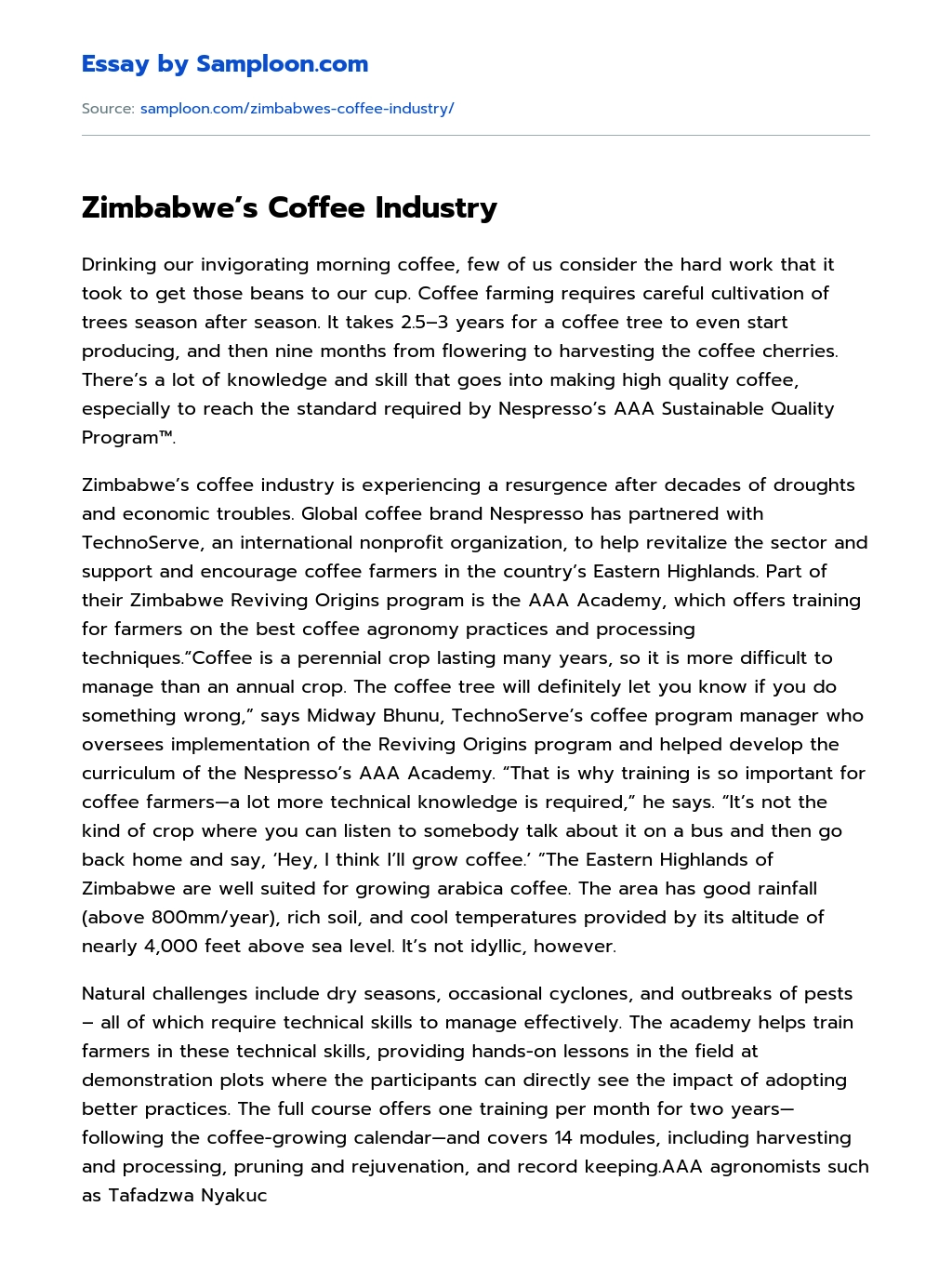 Zimbabwe’s Coffee Industry essay