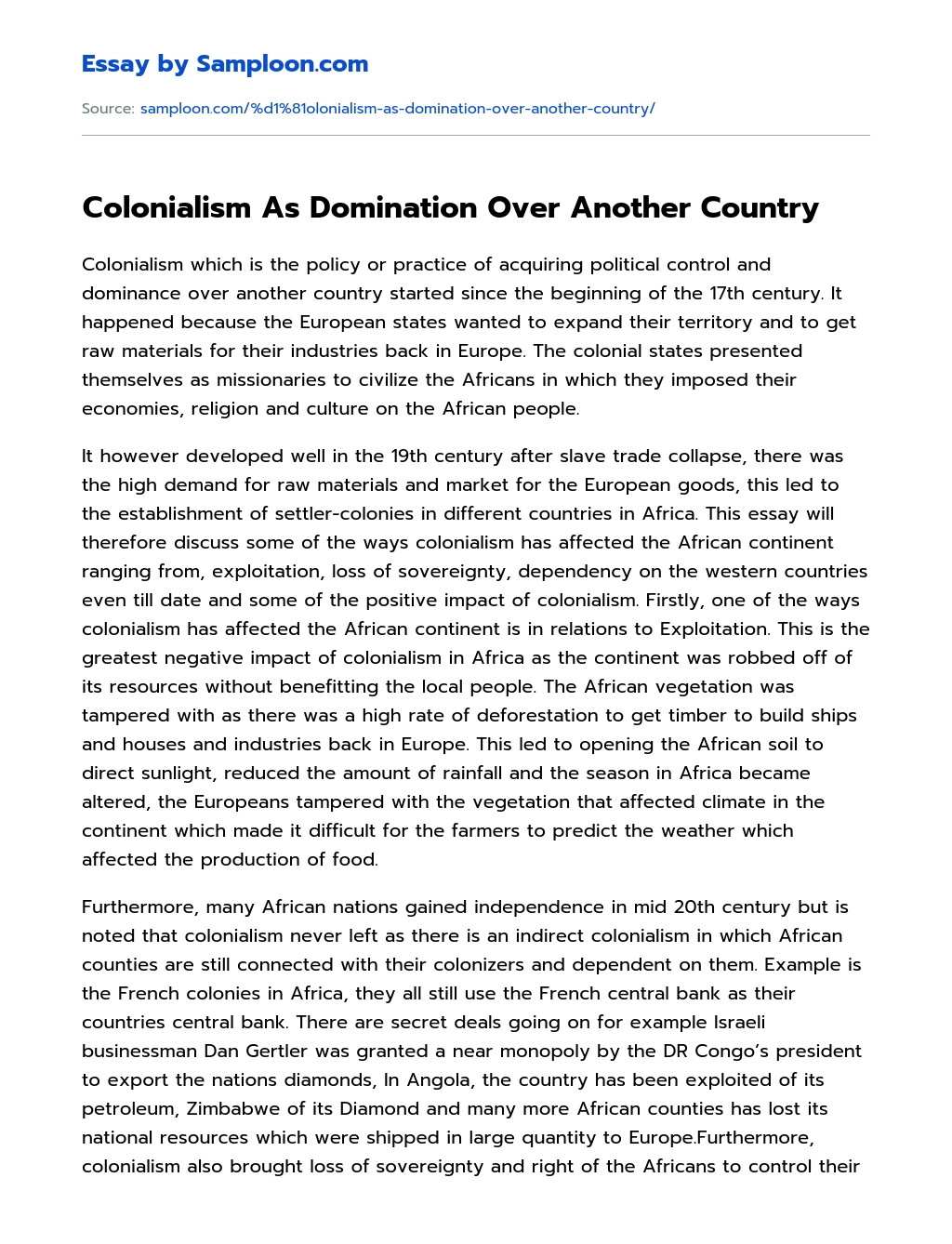 Сolonialism As Domination Over Another Country essay