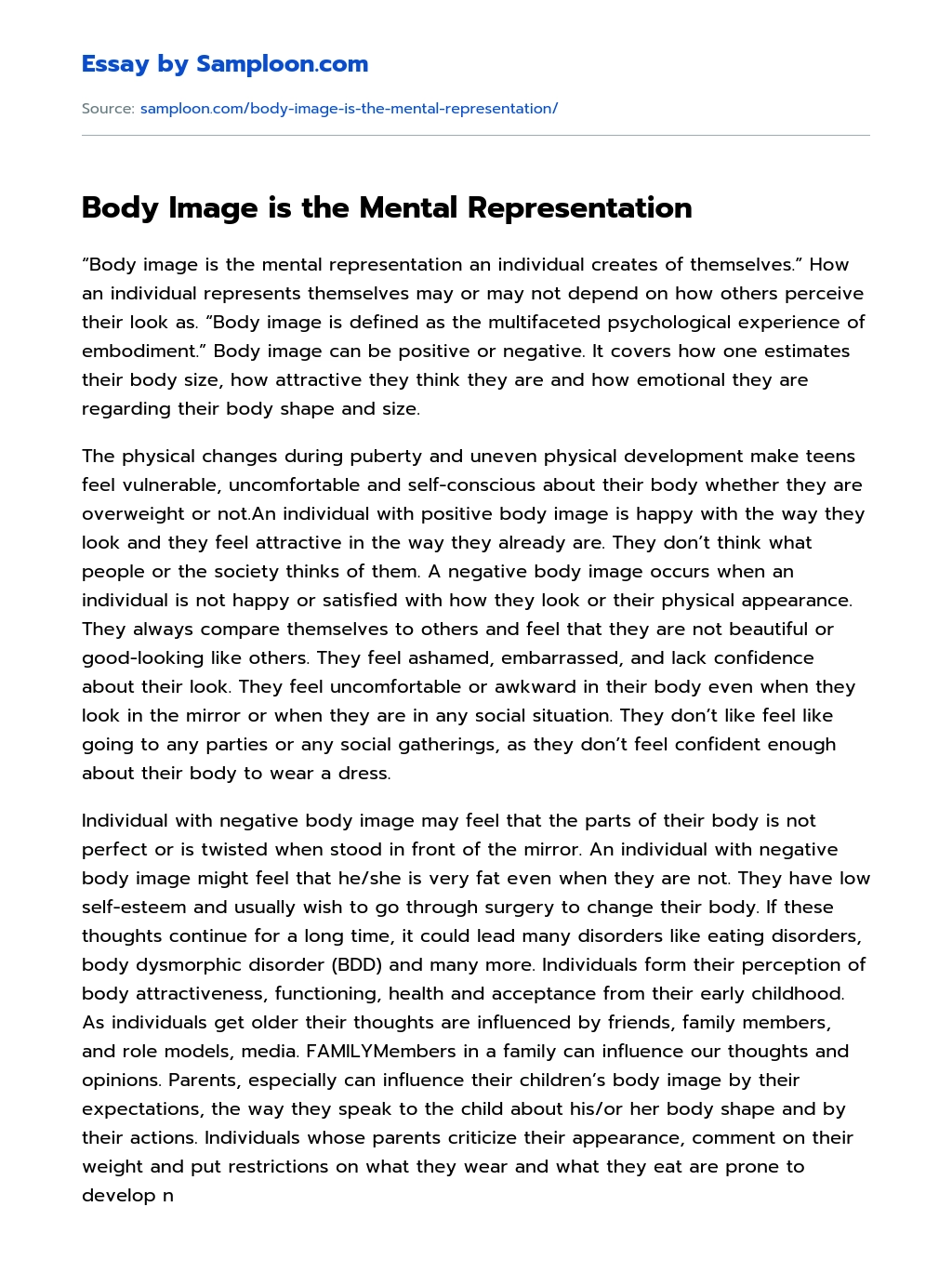 Body Image is the Mental Representation essay