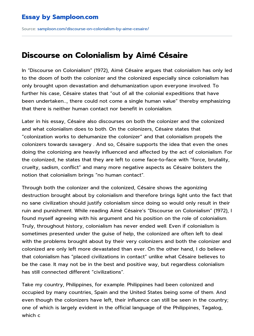 Discourse on Colonialism by Aimé Césaire Analytical Essay essay