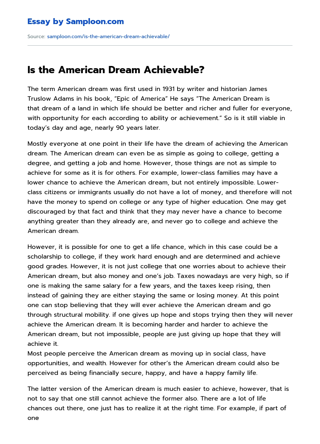 Is the American Dream Achievable? essay