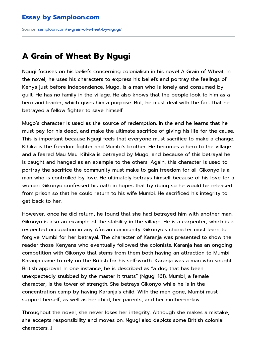 A Grain of Wheat By Ngugi Analytical Essay essay