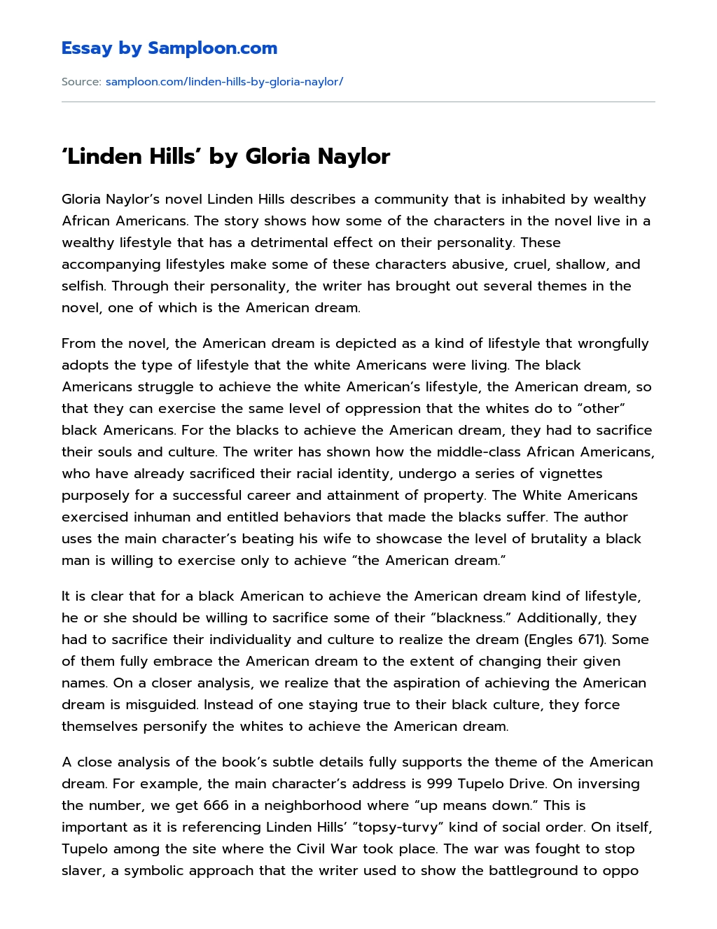 Linden Hills’ by Gloria Naylor Summary essay