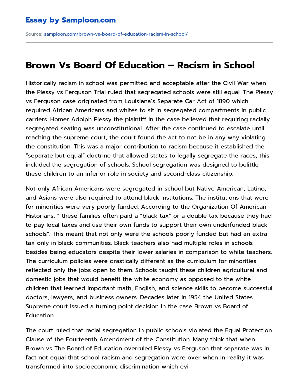Brown Vs Board Of Education – Racism in School essay