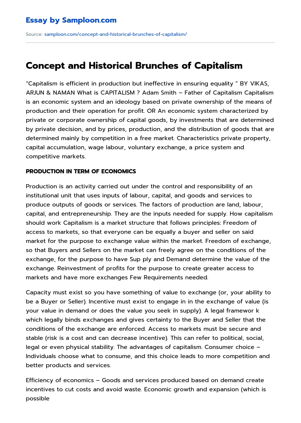 Concept and Historical Brunches of Capitalism essay