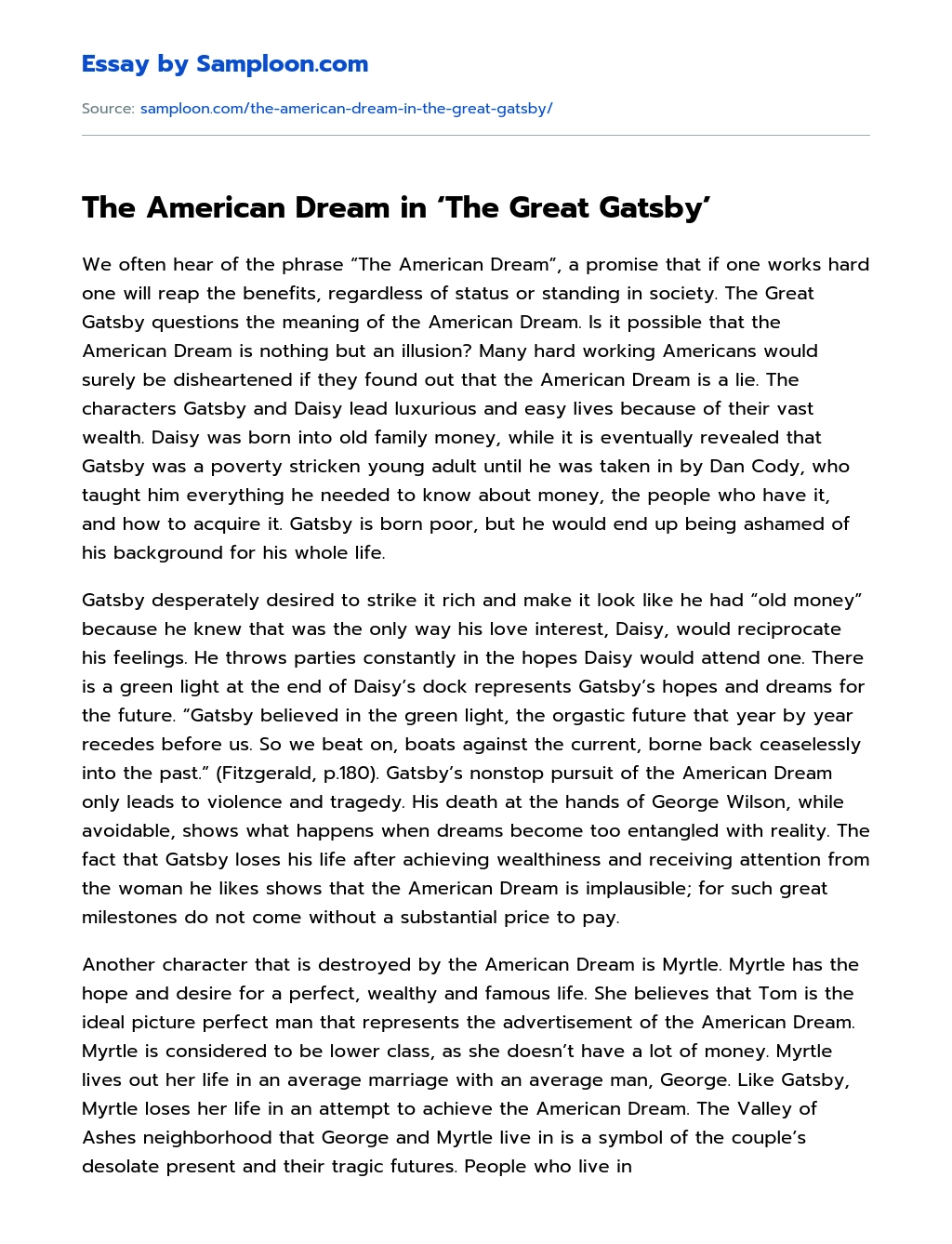 The American Dream in ‘The Great Gatsby’ essay