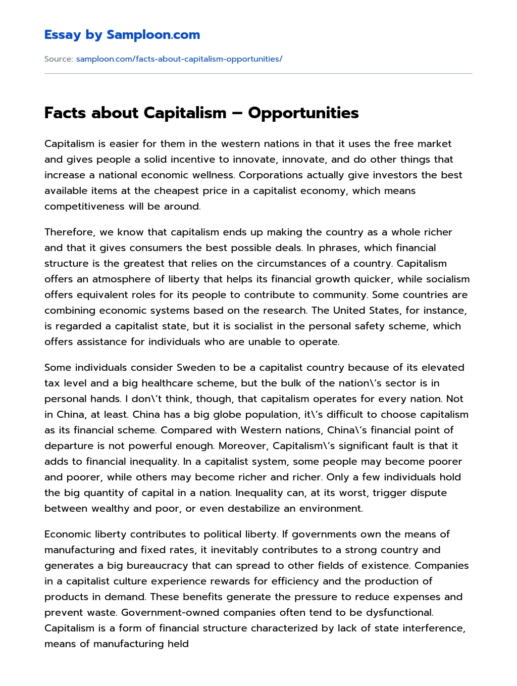 Facts about Capitalism – Opportunities essay