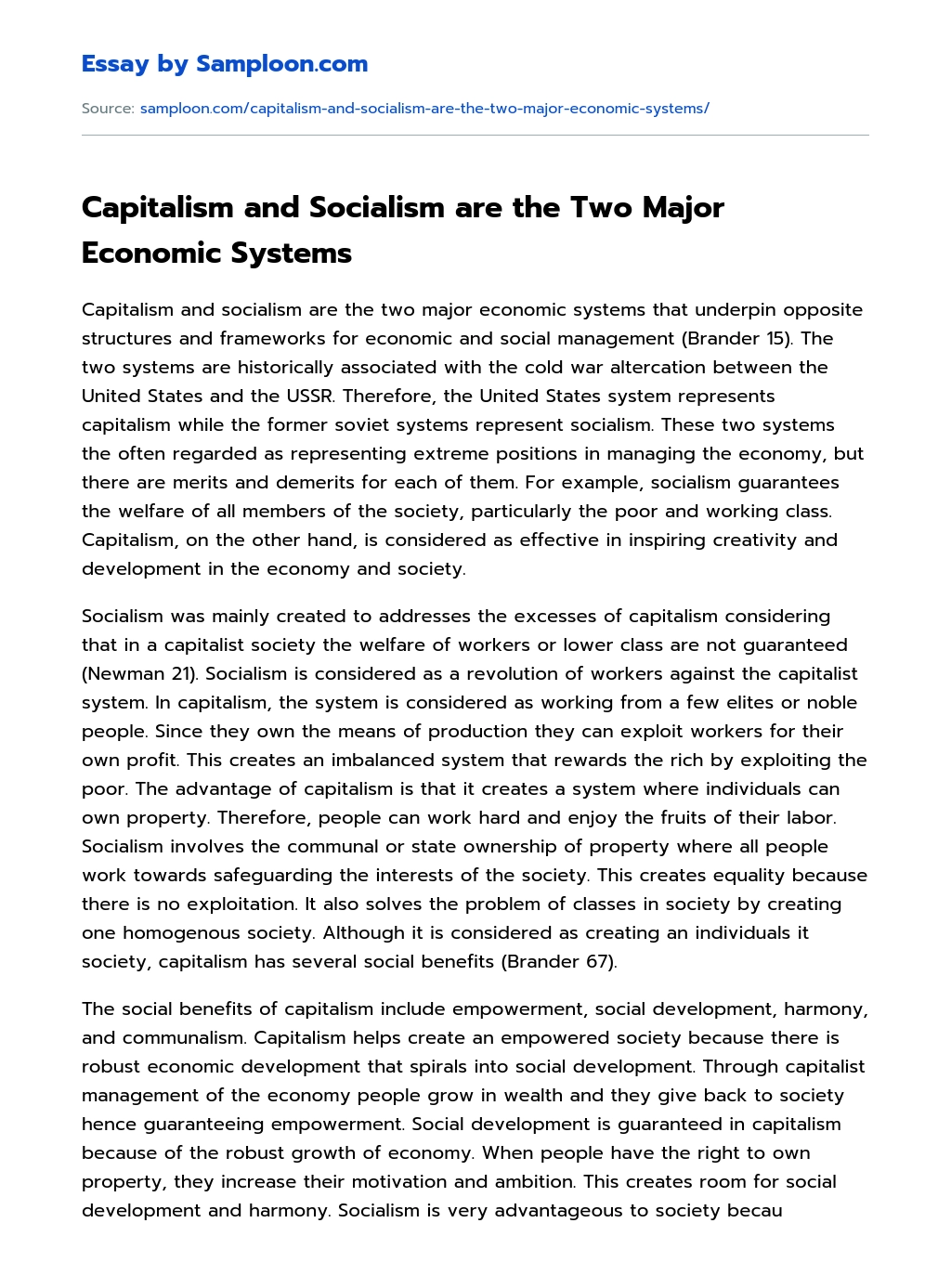Capitalism and Socialism are the Two Major Economic Systems essay
