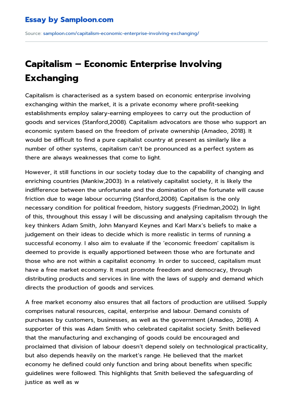 Capitalism – Economic Enterprise Involving Exchanging essay
