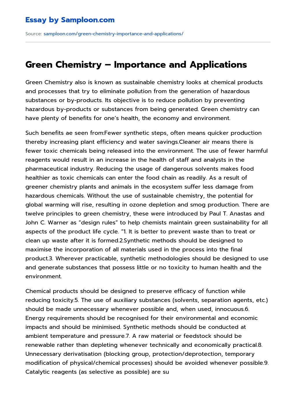 Green Chemistry – Importance and Applications essay