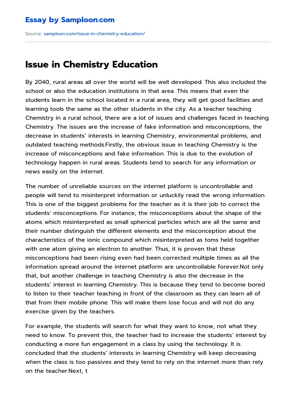 Issue in Chemistry Education essay