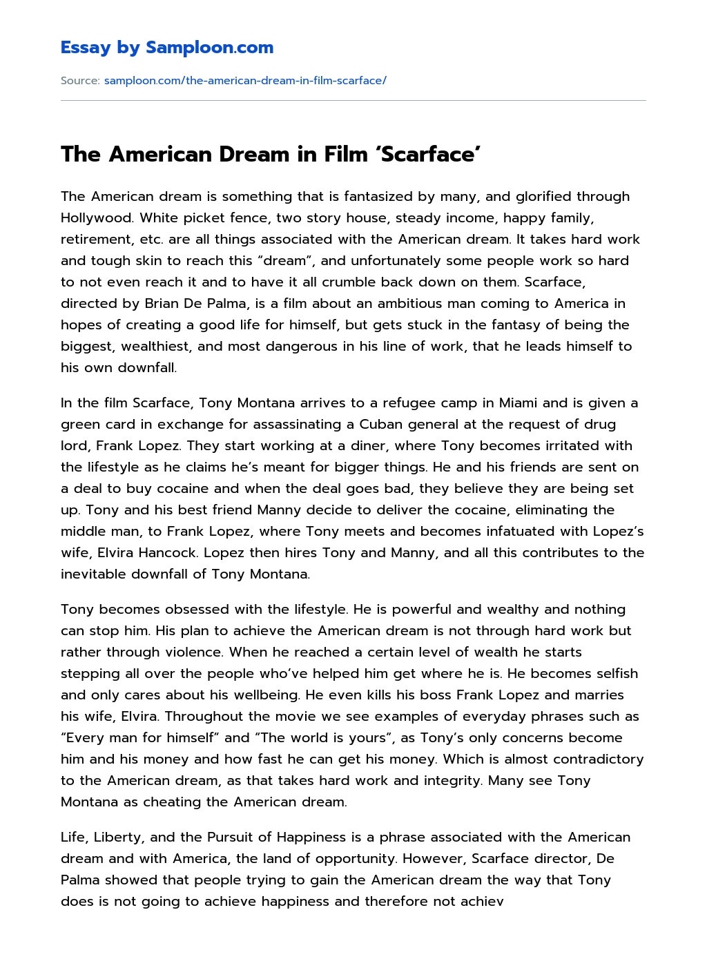 The American Dream in Film ‘Scarface’ essay