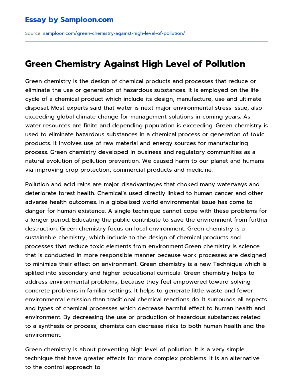 Green Chemistry Against High Level of Pollution essay