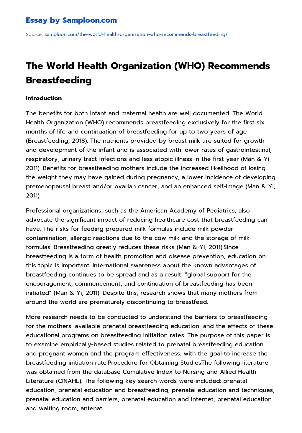 The World Health Organization (WHO) Recommends Breastfeeding essay