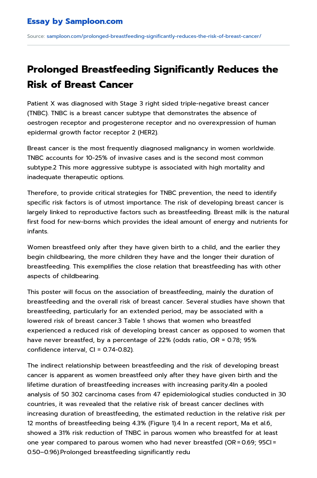 Prolonged Breastfeeding Significantly Reduces the Risk of Breast Cancer essay