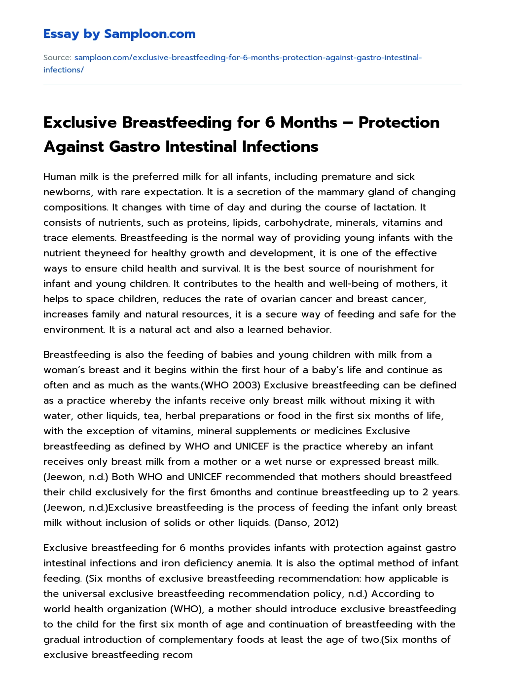 Exclusive Breastfeeding for 6 Months – Protection Against Gastro Intestinal Infections essay