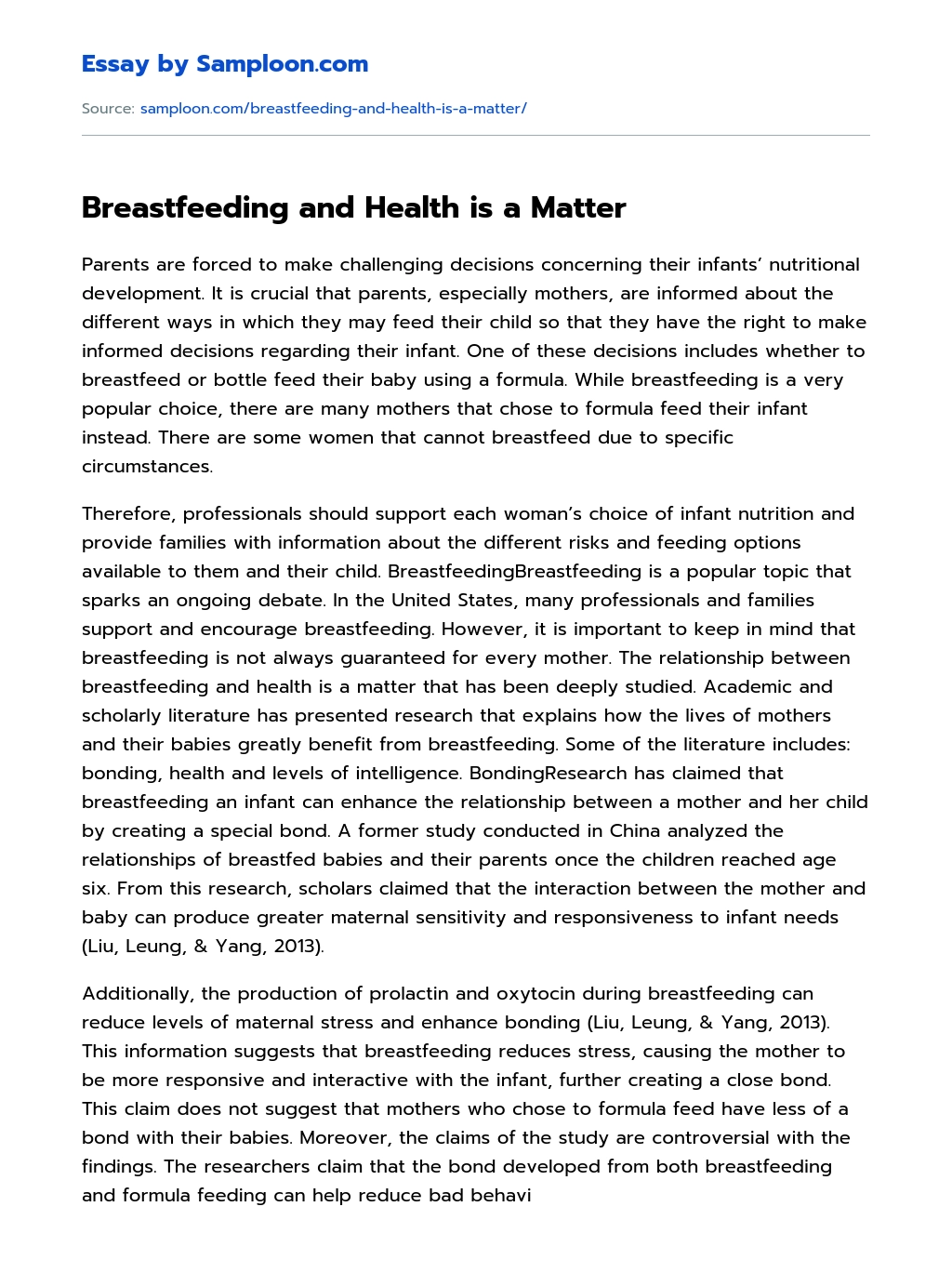 Breastfeeding and Health is a Matter essay