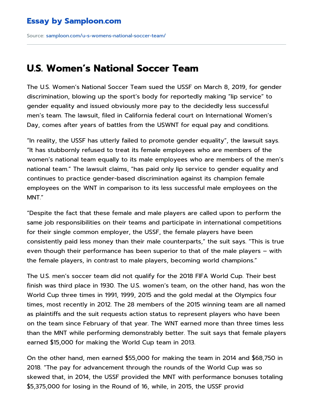 U.S. Women’s National Soccer Team essay