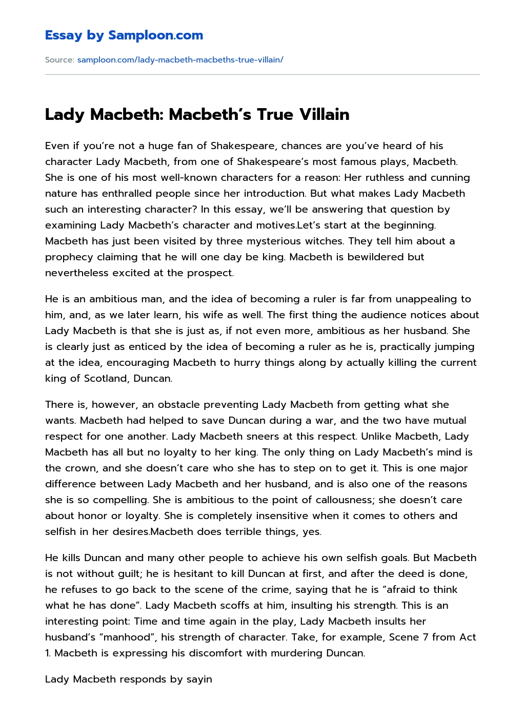 Lady Macbeth: Macbeth’s True Villain Character Analysis essay