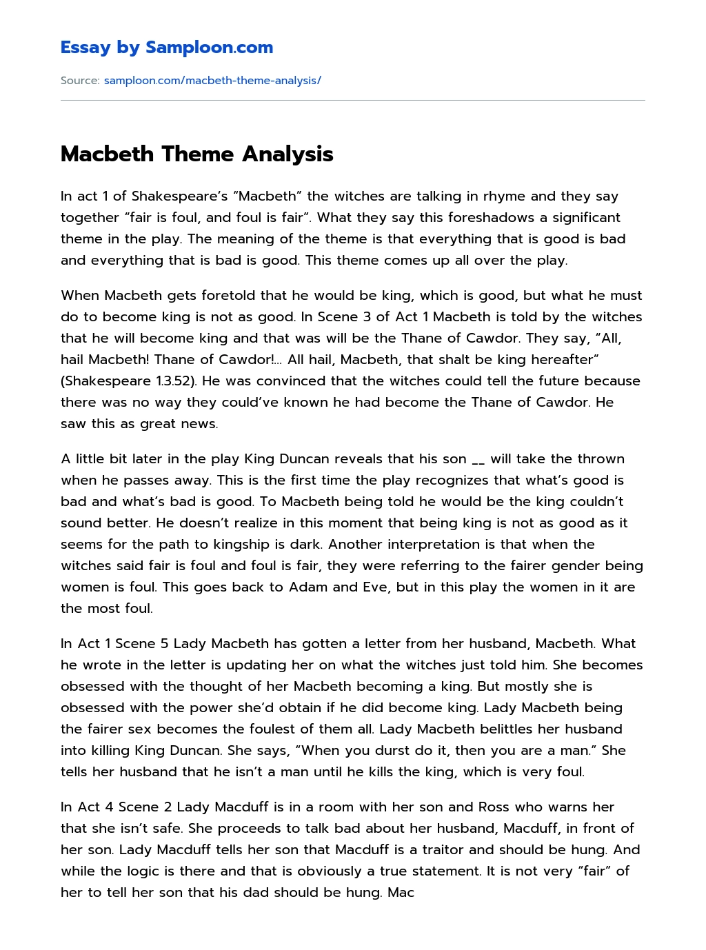 Macbeth Theme Analysis essay