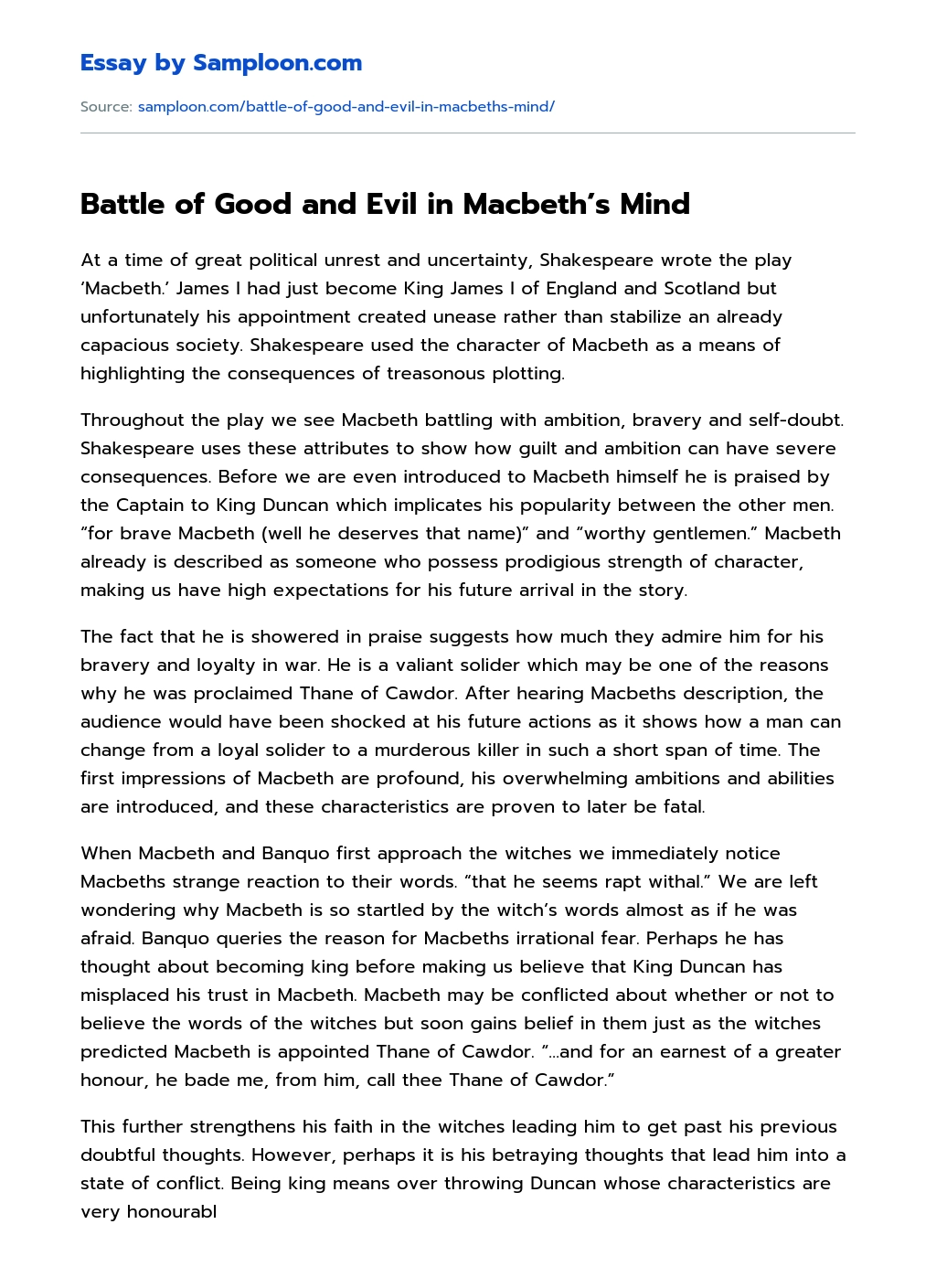 Battle of Good and Evil in Macbeth’s Mind essay