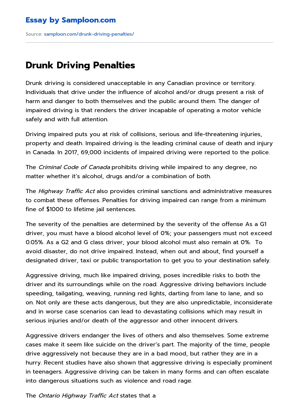 Drunk Driving Penalties Research Paper essay