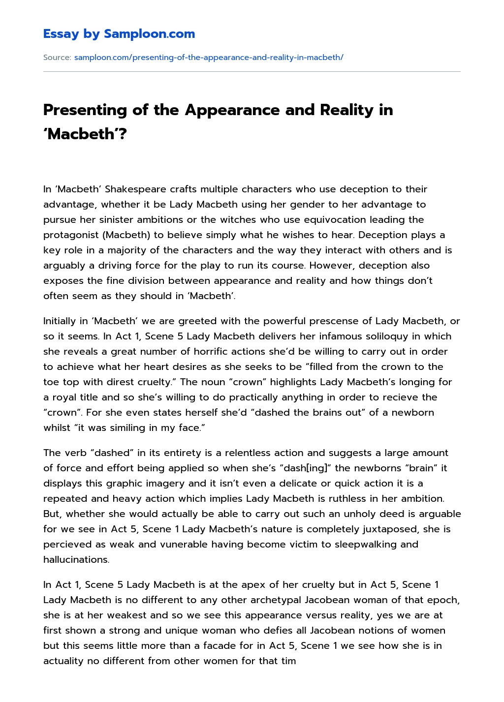 Presenting of the Appearance and Reality in ‘Macbeth’? Analytical Essay essay