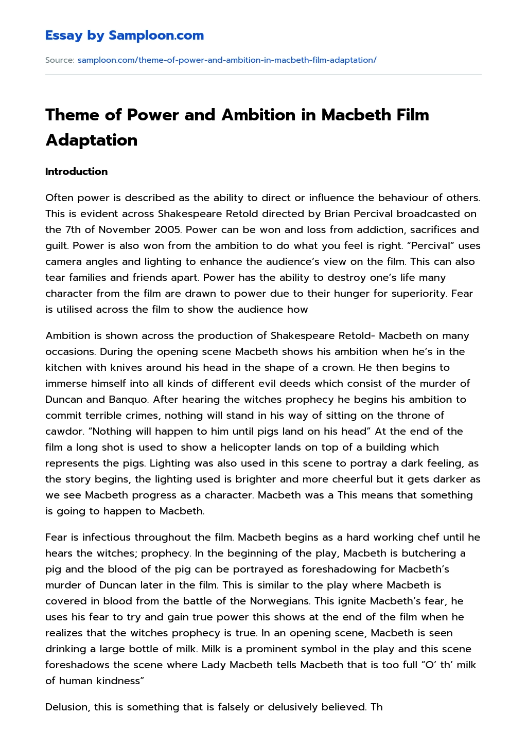 Theme of Power and Ambition in Macbeth Film Adaptation essay