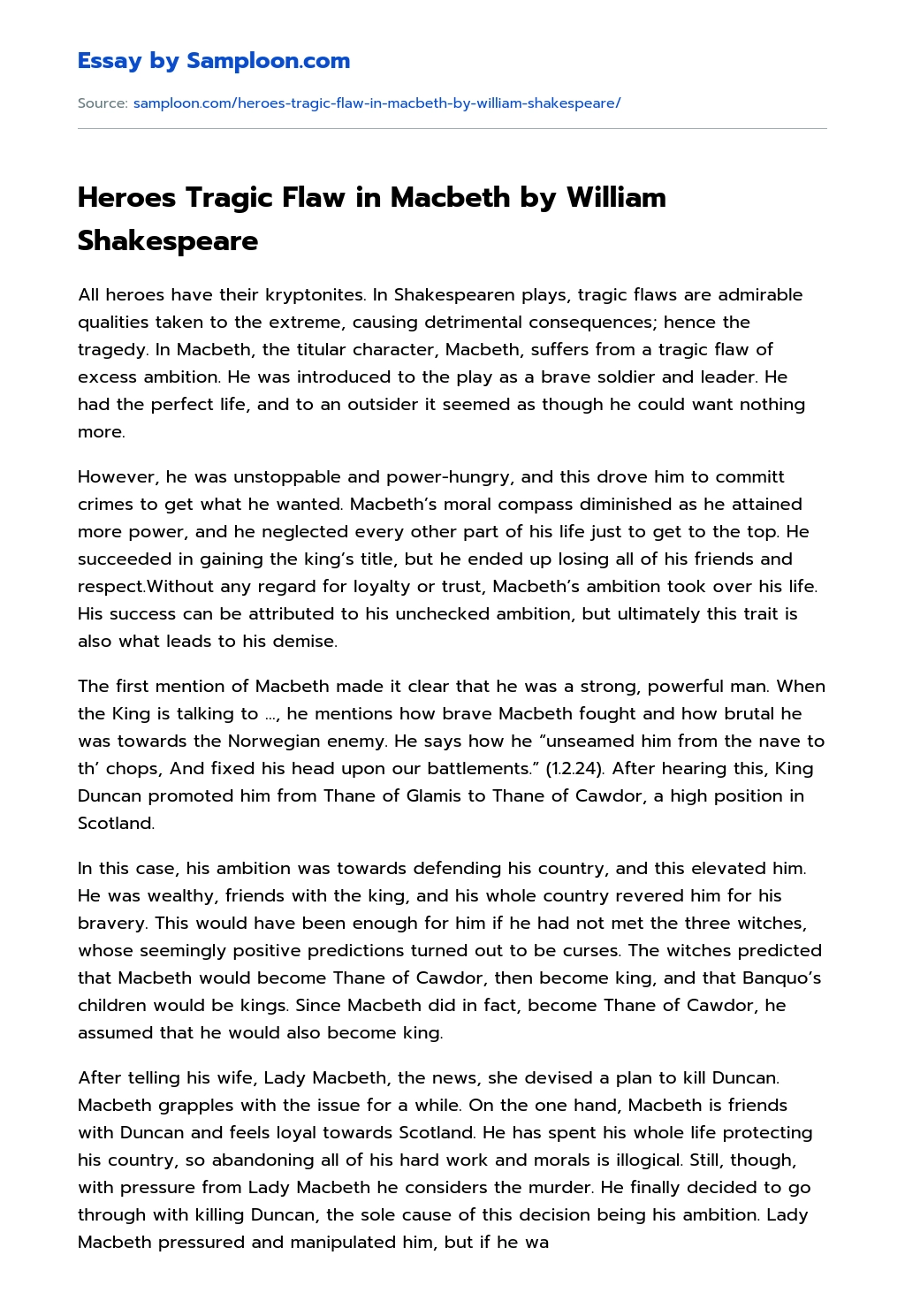 Heroes Tragic Flaw in Macbeth by William Shakespeare essay