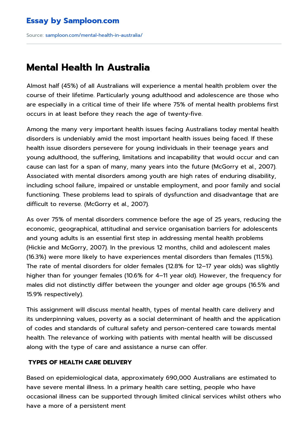 Mental Health In Australia essay