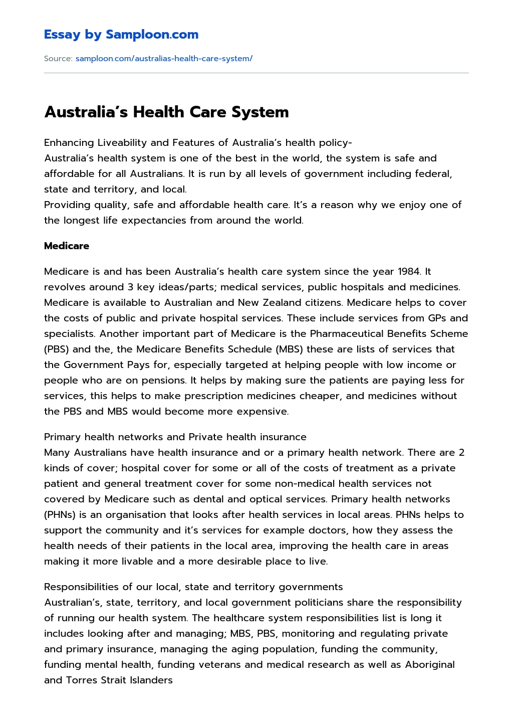 Australia’s Health Care System essay