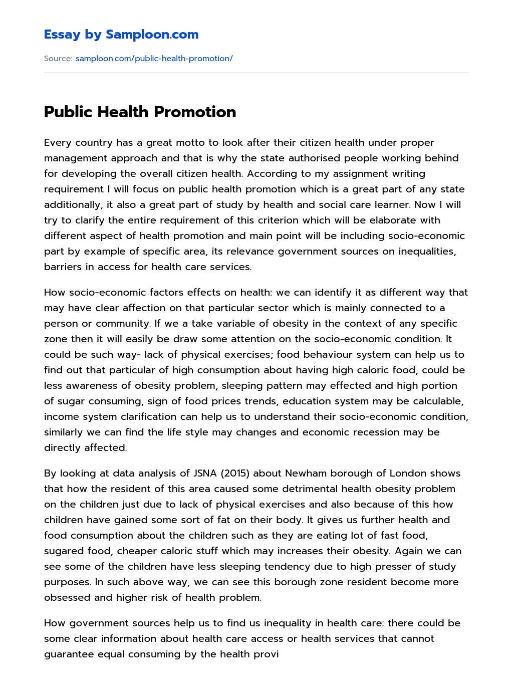 Public Health Promotion essay