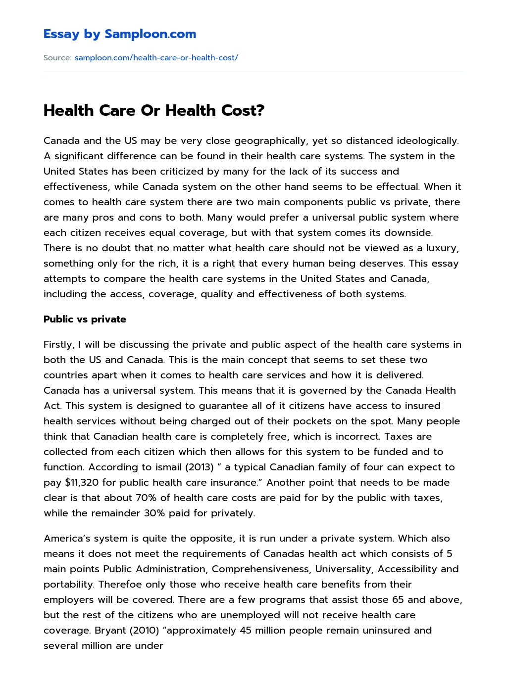 Health Care Or Health Cost? essay