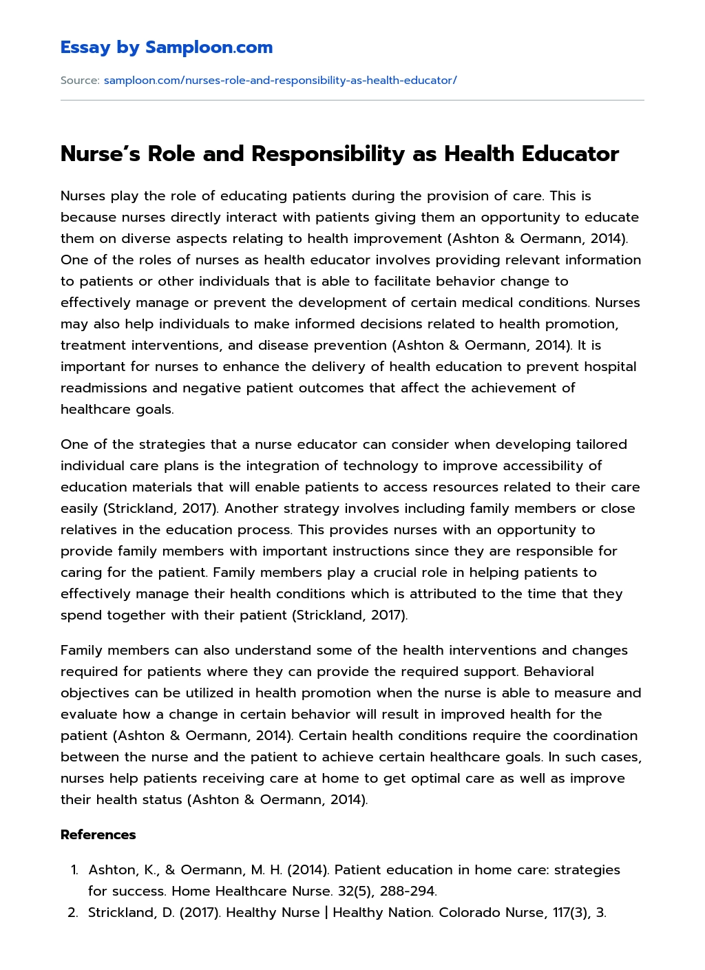 Nurse’s Role and Responsibility as Health Educator  essay
