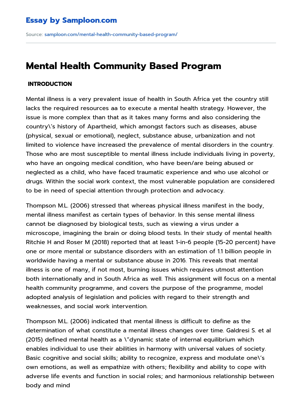 Mental Health Community Based Program essay
