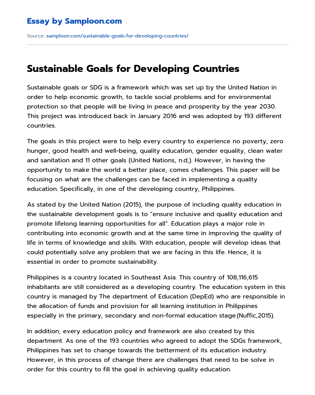 Sustainable Goals for Developing Countries essay
